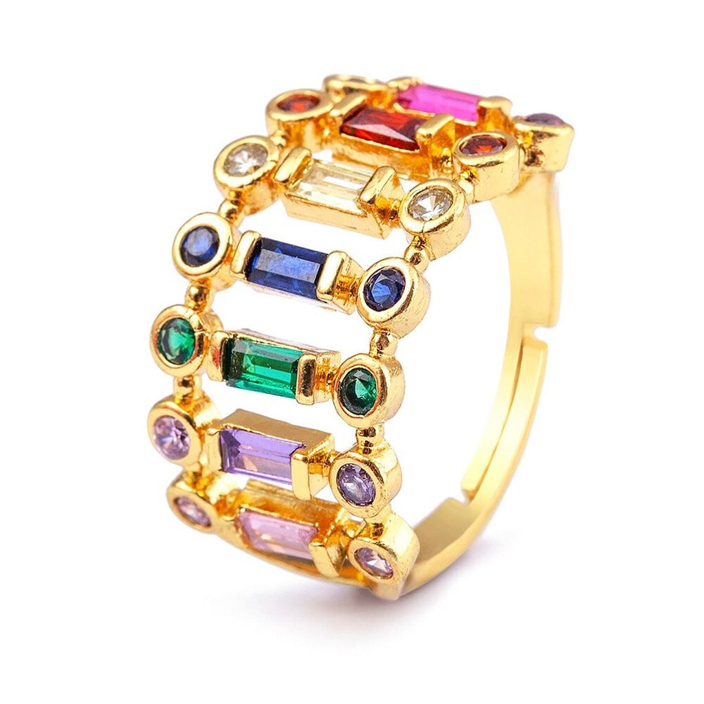Twin Layer Multi Rainbow Baguette Gold Anti Tarnish Ring Bulk