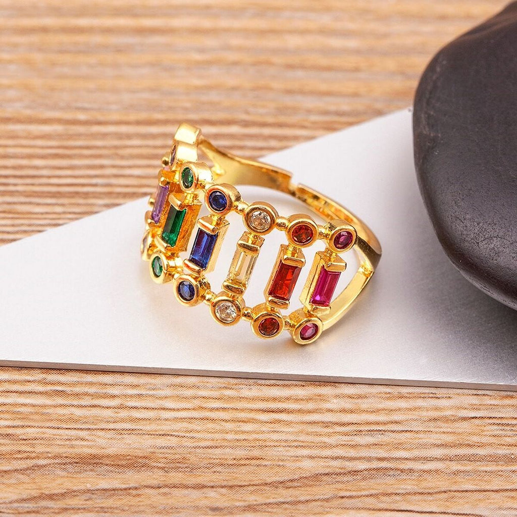Twin Layer Multi Rainbow Baguette Gold Anti Tarnish Ring Bulk