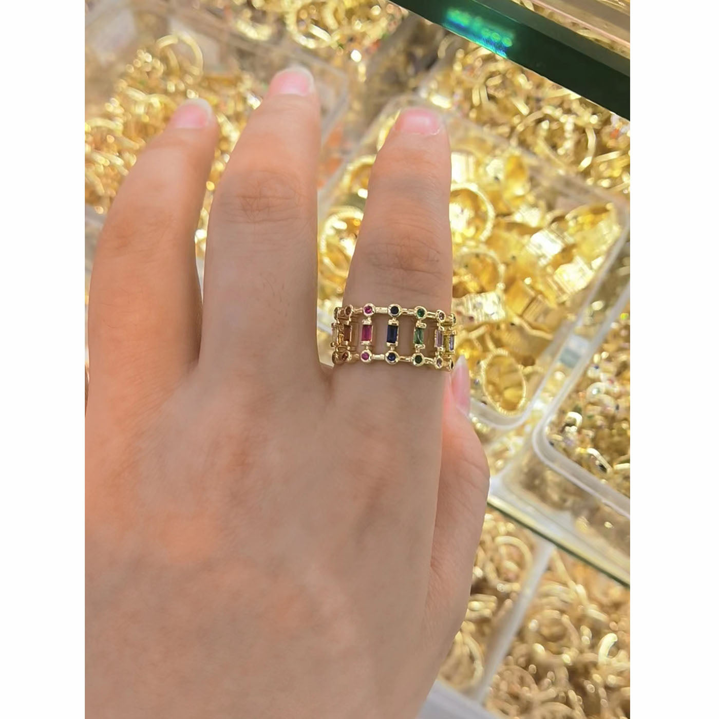 Twin Layer Multi Rainbow Baguette Gold Anti Tarnish Ring Bulk