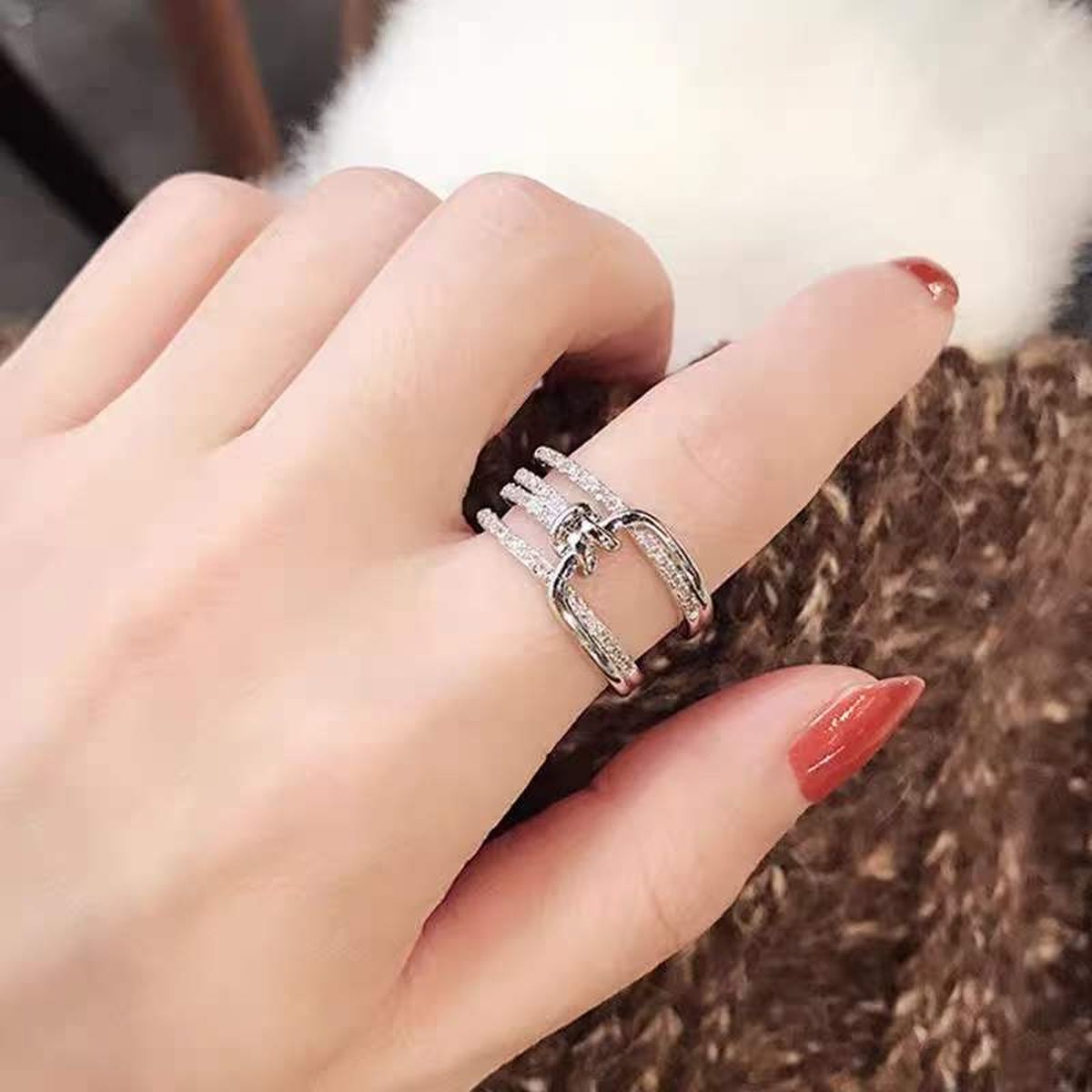 Triple Belt Buckle CZ Silver Anti Tarnish Free Size Ring Bulk Secondary image