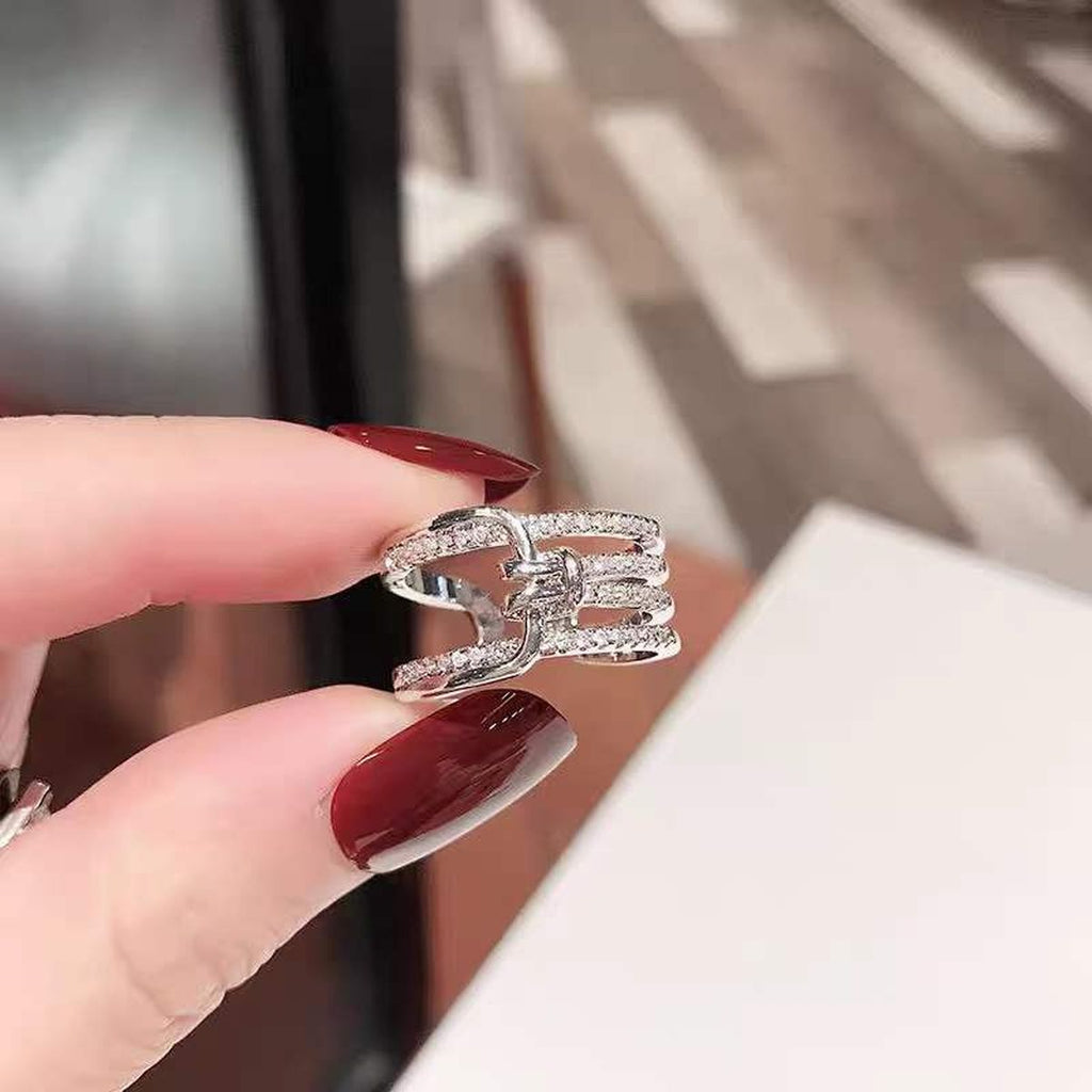 Triple Belt Buckle CZ Silver Anti Tarnish Free Size Ring Bulk