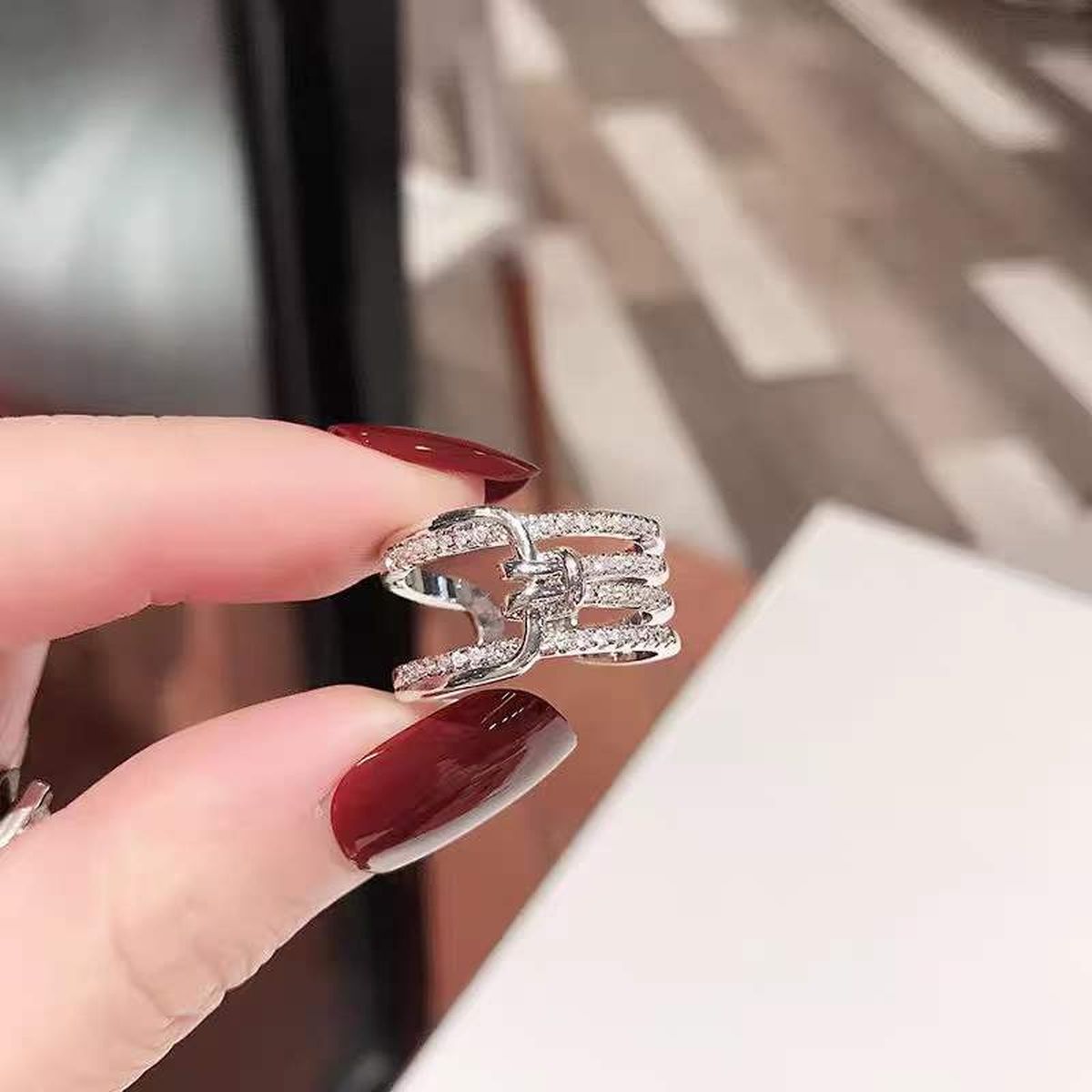 Triple Belt Buckle CZ Silver Anti Tarnish Free Size Ring Bulk