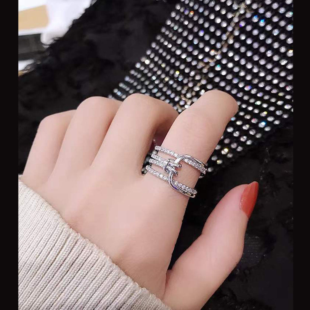 Triple Belt Buckle CZ Silver Anti Tarnish Free Size Ring Bulk