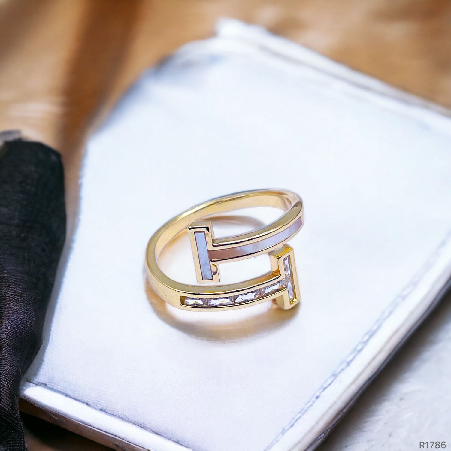Tony Baguette Cubic CZ 18 Gold Anti Tarnish Free Size Ring Bulk Main image