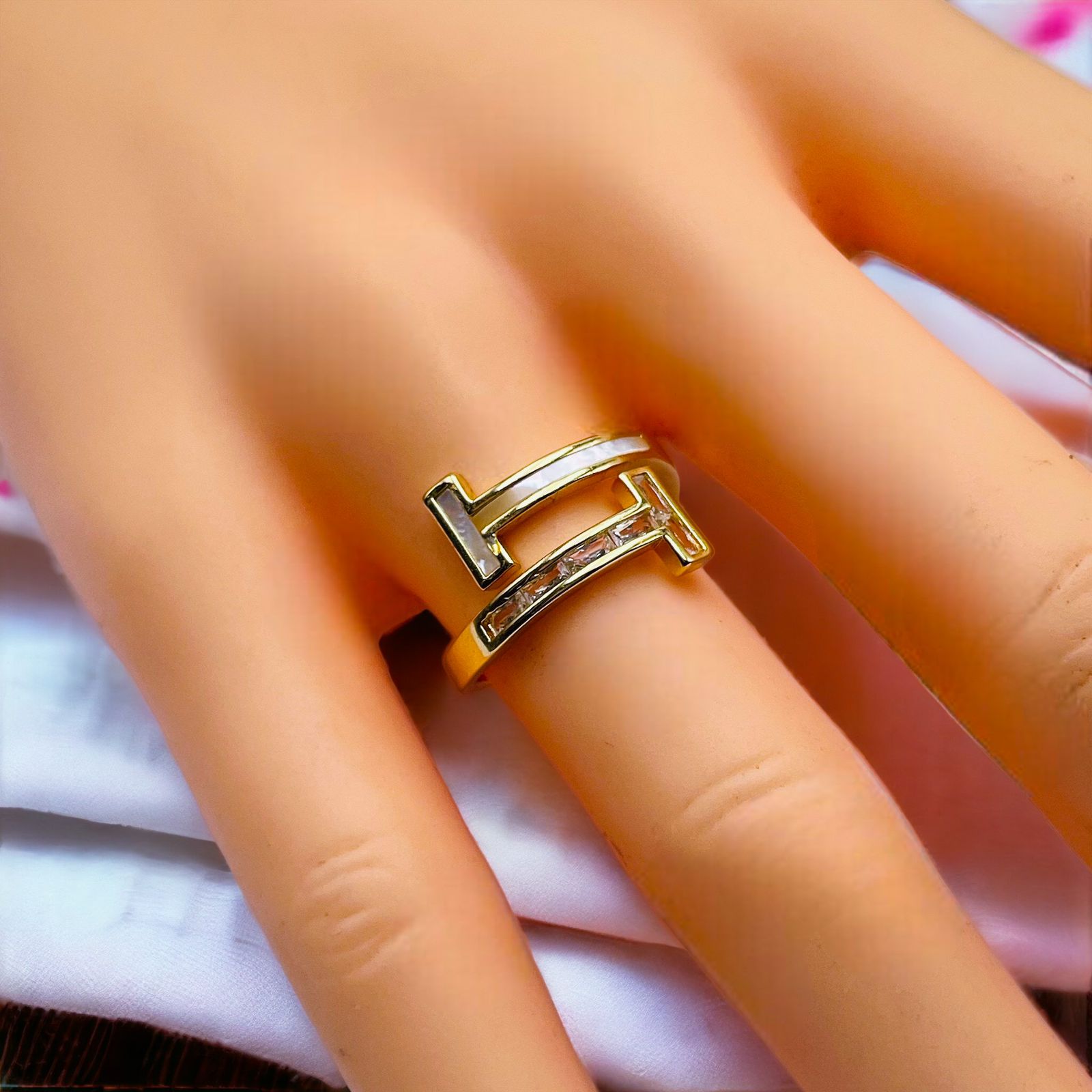 Tony Baguette Cubic CZ 18 Gold Anti Tarnish Free Size Ring Bulk Secondary image