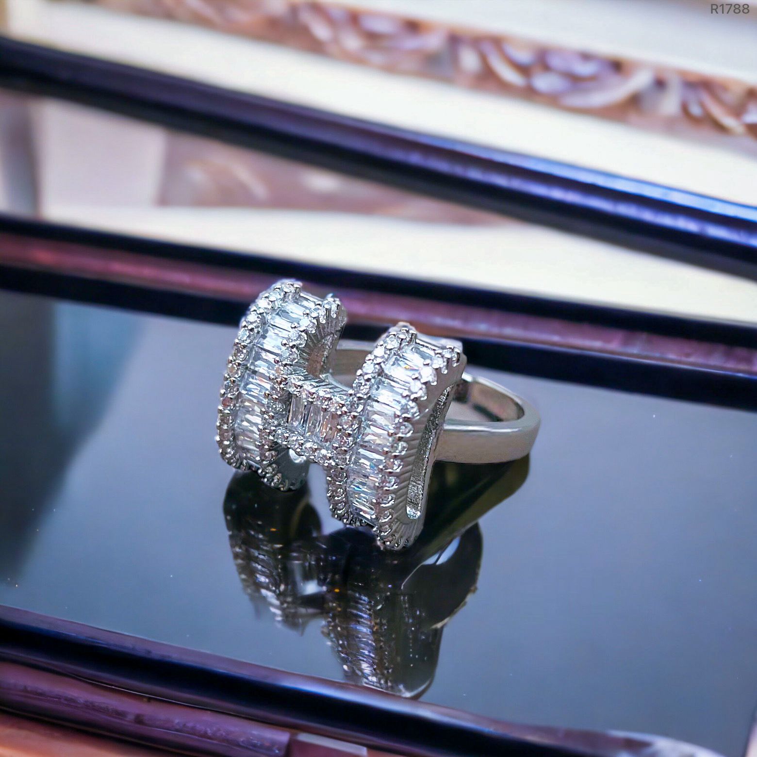 H Baguette Cubic Zirconia Silver Anti Tarnish Free Size Ring Bulk