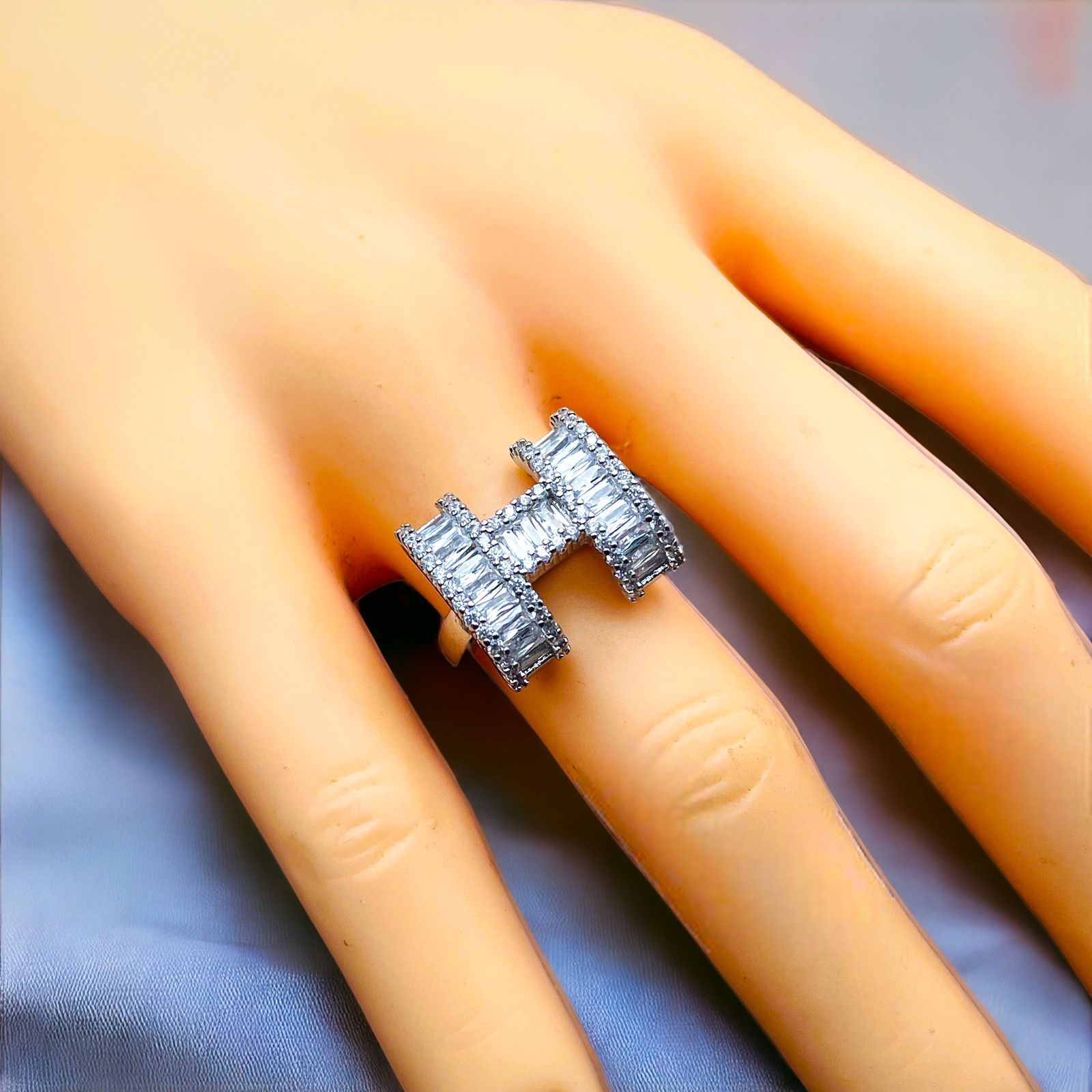 H Baguette Cubic Zirconia Silver Anti Tarnish Free Size Ring Bulk Secondary image