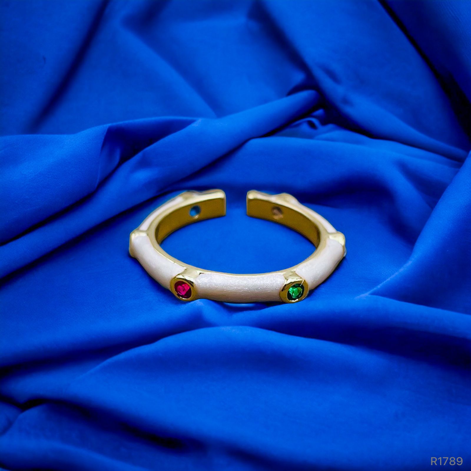 White Enamel Multi Zircons Gold Anti Tarnish Band Free Size Ring Bulk Main image