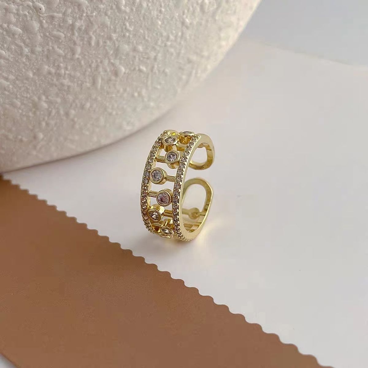 Twin Layer Bezel CZ Gold Anti Tarnish Open Back Free Size Ring Bulk Main image