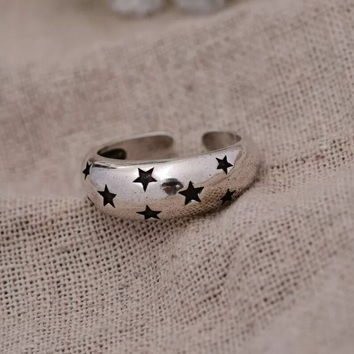 Black Star Glossy Silver Open Back Free Size Band Ring For Women Bulk Main image
