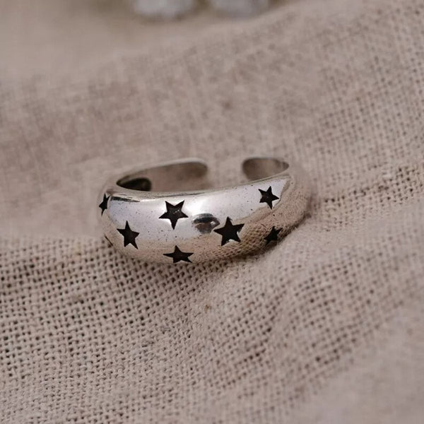 Black Star Glossy Silver Open Back Free Size Band Ring For Women Bulk Main image