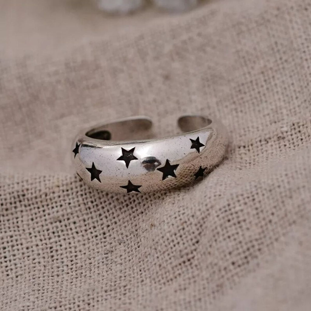 Black Star Glossy Silver Open Back Free Size Band Ring For Women Bulk