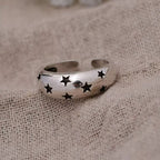 Black Star Glossy Silver Open Back Free Size Band Ring For Women Bulk
