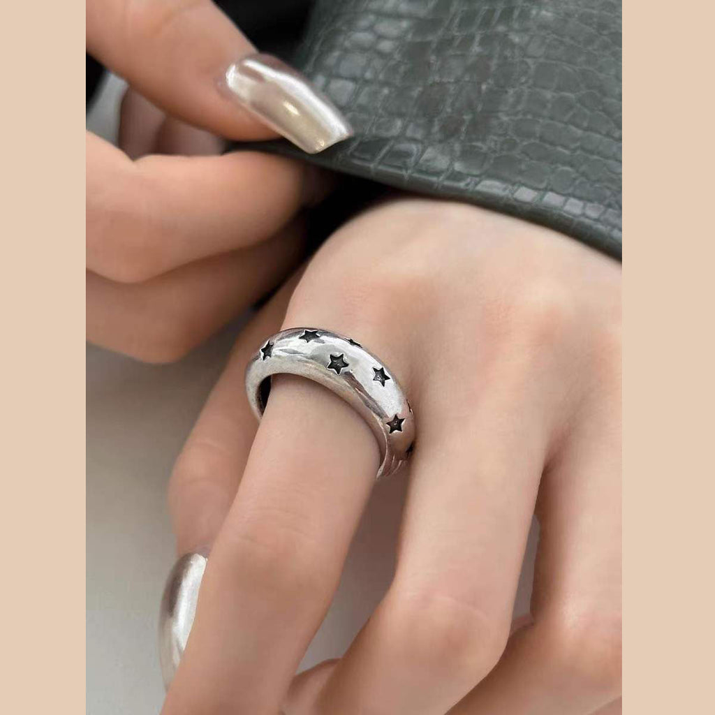 Black Star Glossy Silver Open Back Free Size Band Ring For Women Bulk