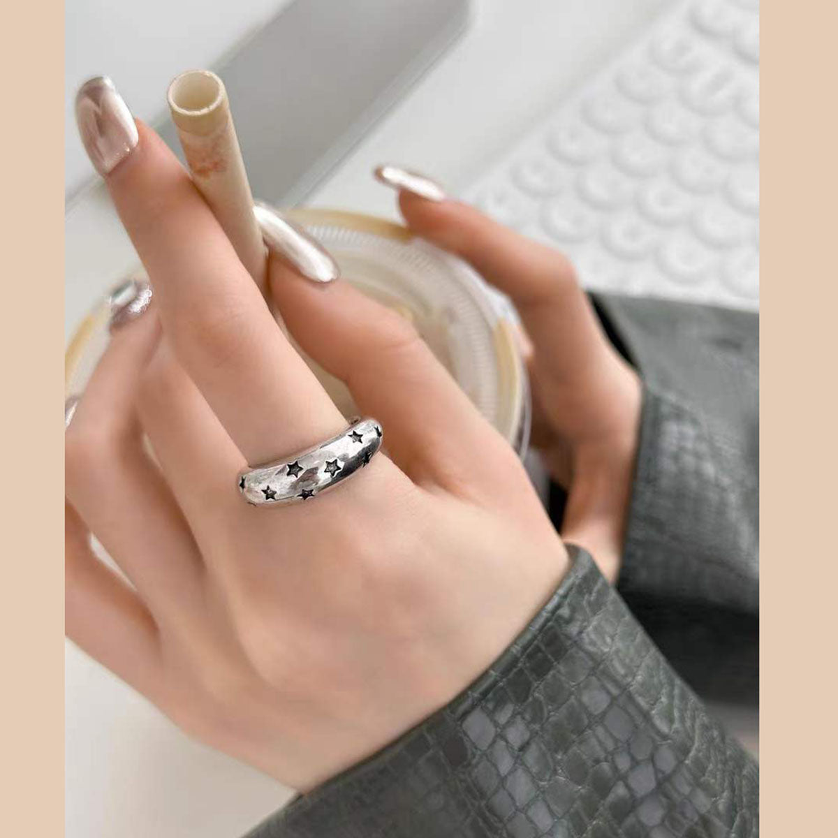 Black Star Glossy Silver Open Back Free Size Band Ring For Women Bulk