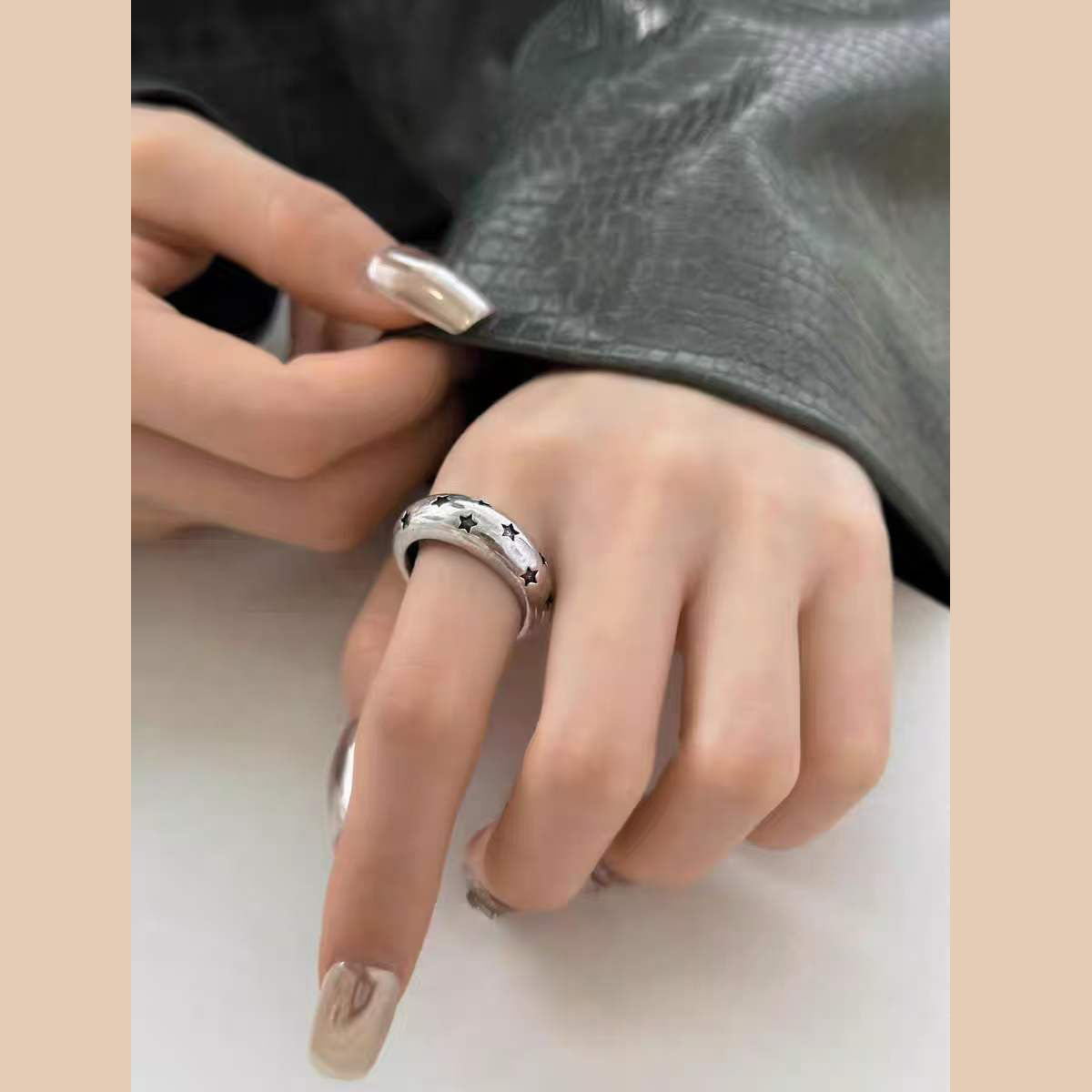Black Star Glossy Silver Open Back Free Size Band Ring For Women Bulk
