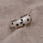 Black Star Glossy Silver Open Back Free Size Band Ring For Women Bulk