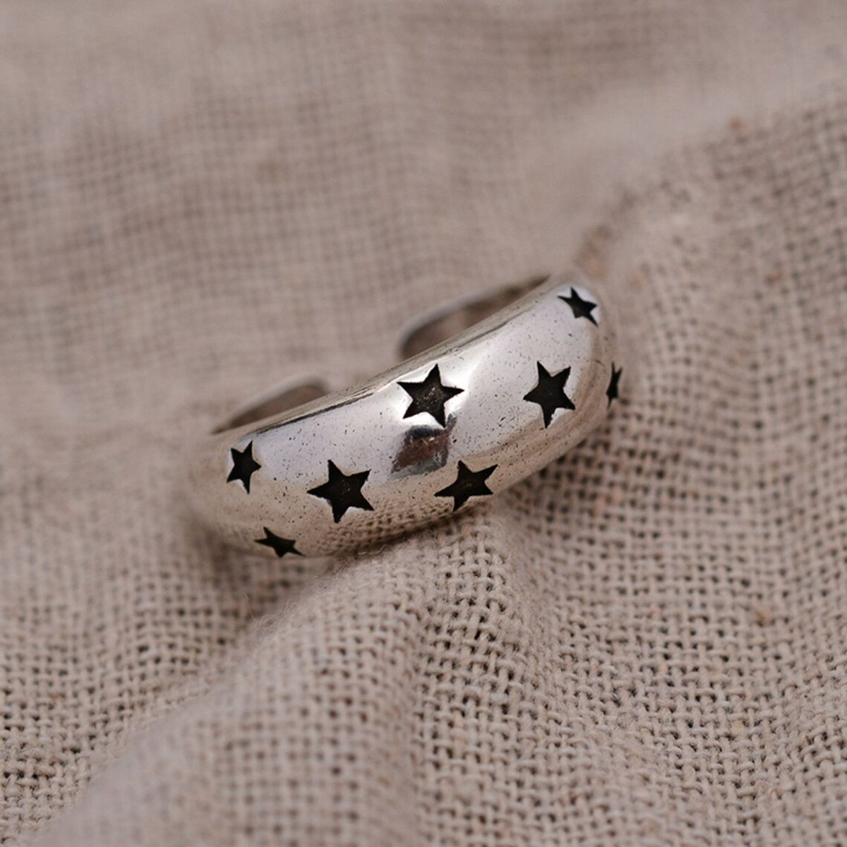 Black Star Glossy Silver Open Back Free Size Band Ring For Women Bulk