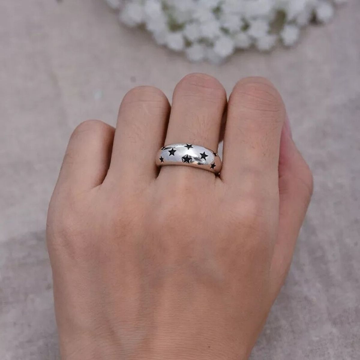 Black Star Glossy Silver Open Back Free Size Band Ring For Women Bulk
