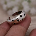 Black Star Glossy Silver Open Back Free Size Band Ring For Women Bulk