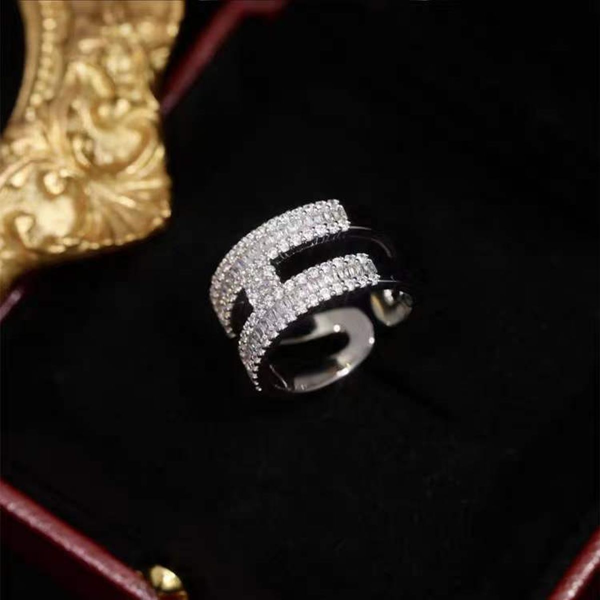 H Dual Layer Baguette CZ Silver Anti Tarnish Free Size Ring Bulk