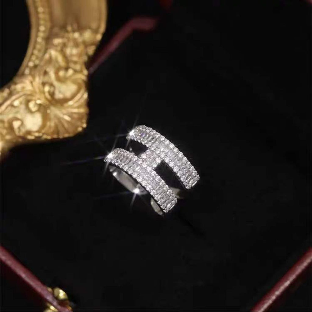 H Dual Layer Baguette CZ Silver Anti Tarnish Free Size Ring Bulk
