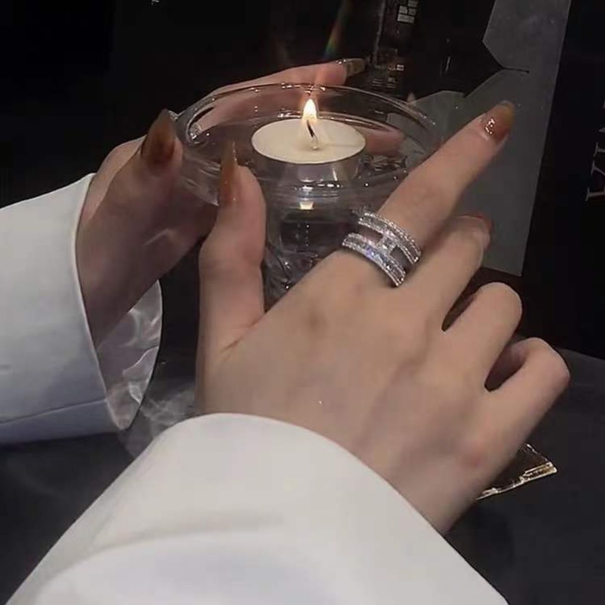 H Dual Layer Baguette CZ Silver Anti Tarnish Free Size Ring Bulk