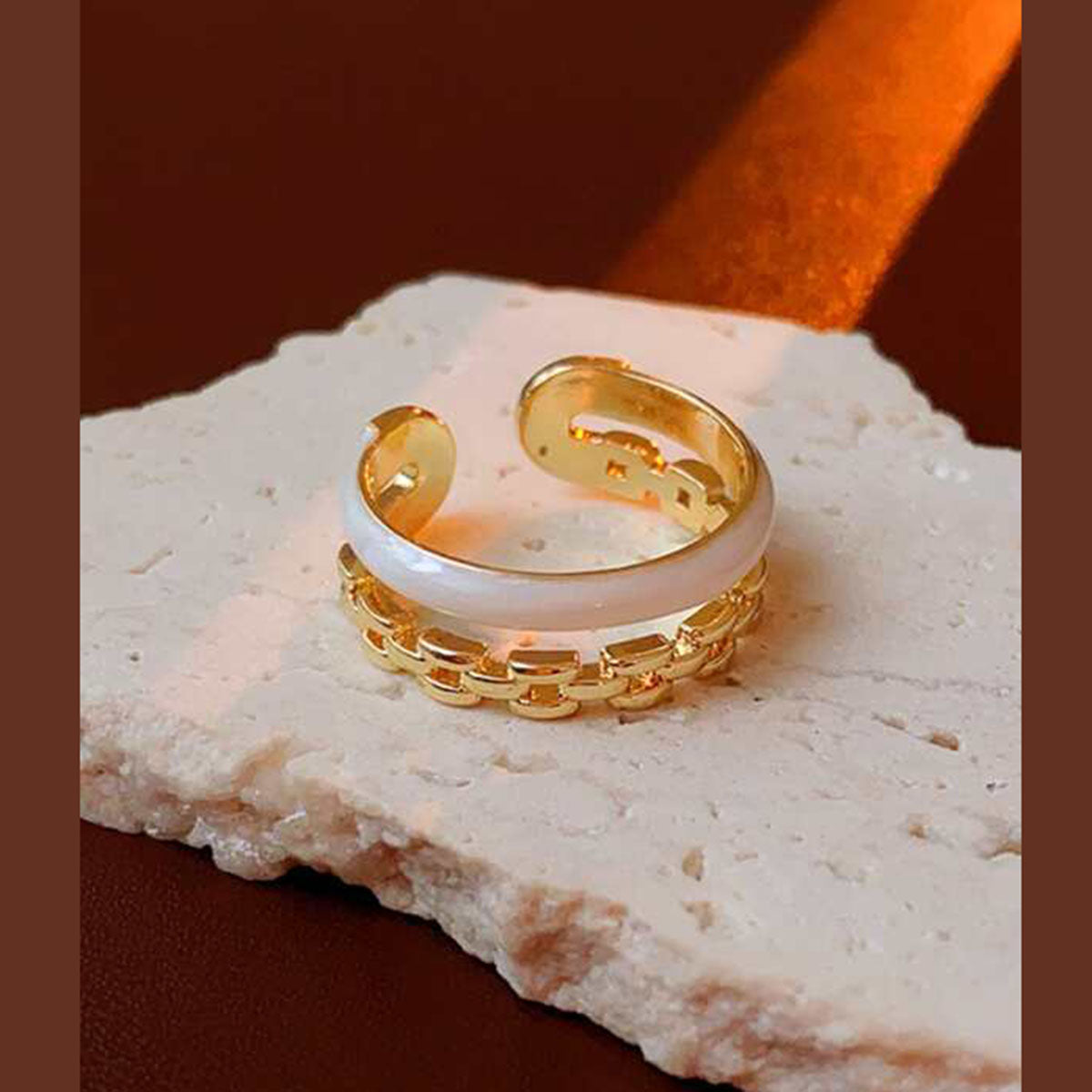 Dual Layer White Enamel Geometric Gold Anti Tarnish Ring Bulk Main image