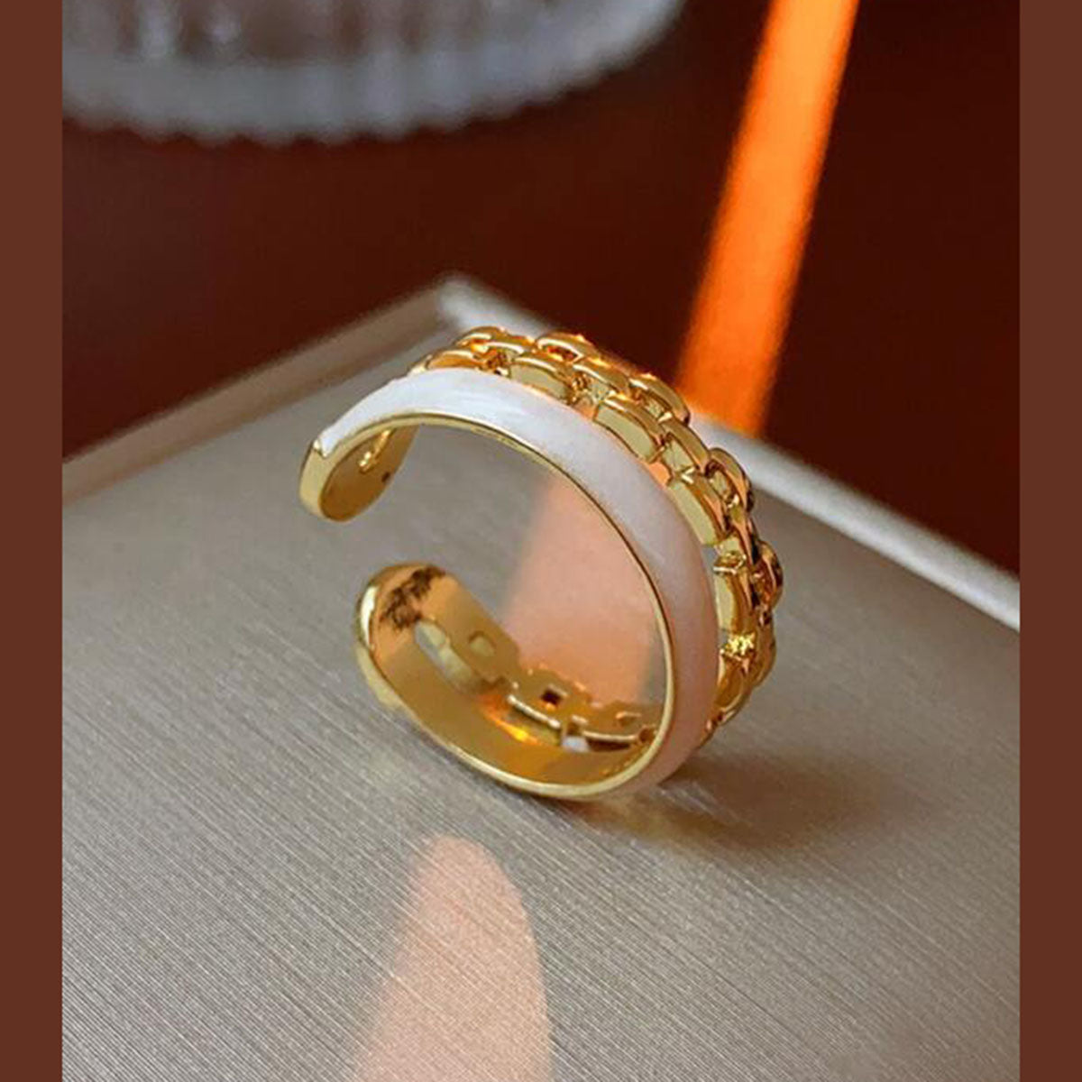 Dual Layer White Enamel Geometric Gold Anti Tarnish Ring Bulk Secondary image