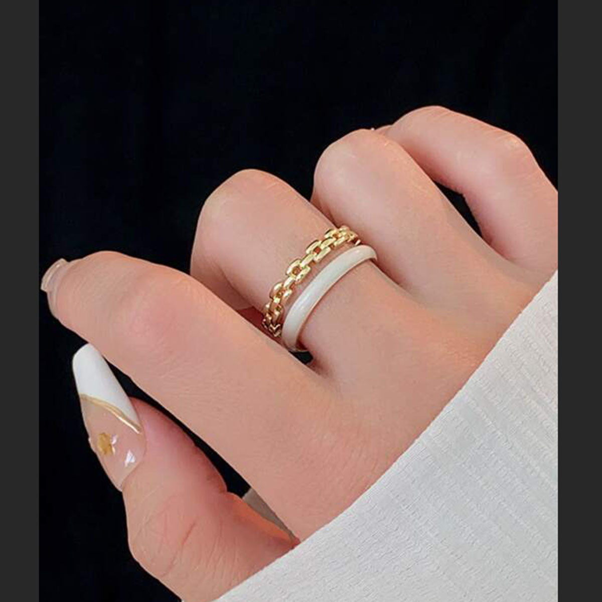 Dual Layer White Enamel Geometric Gold Anti Tarnish Ring Bulk