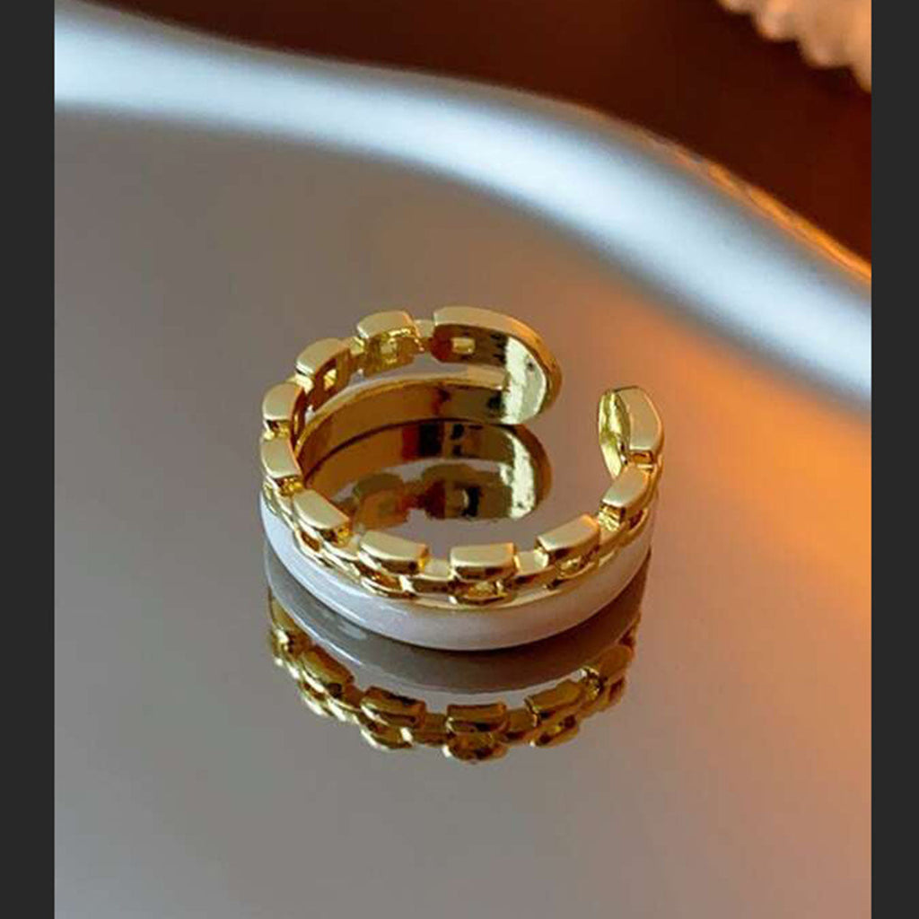 Dual Layer White Enamel Geometric Gold Anti Tarnish Ring Bulk