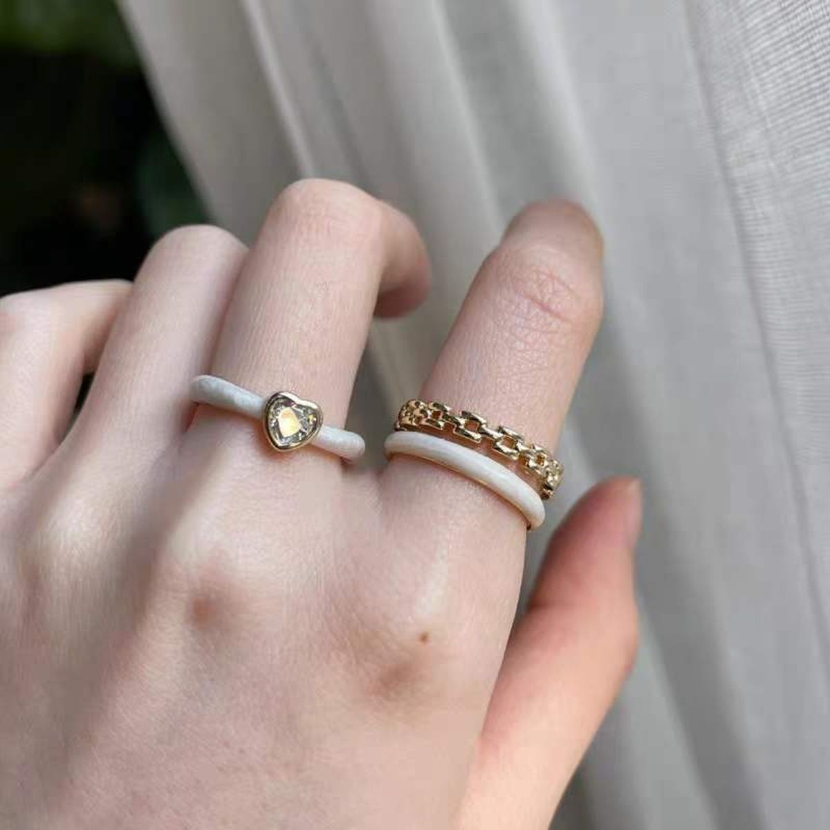 Dual Layer White Enamel Geometric Gold Anti Tarnish Ring Bulk
