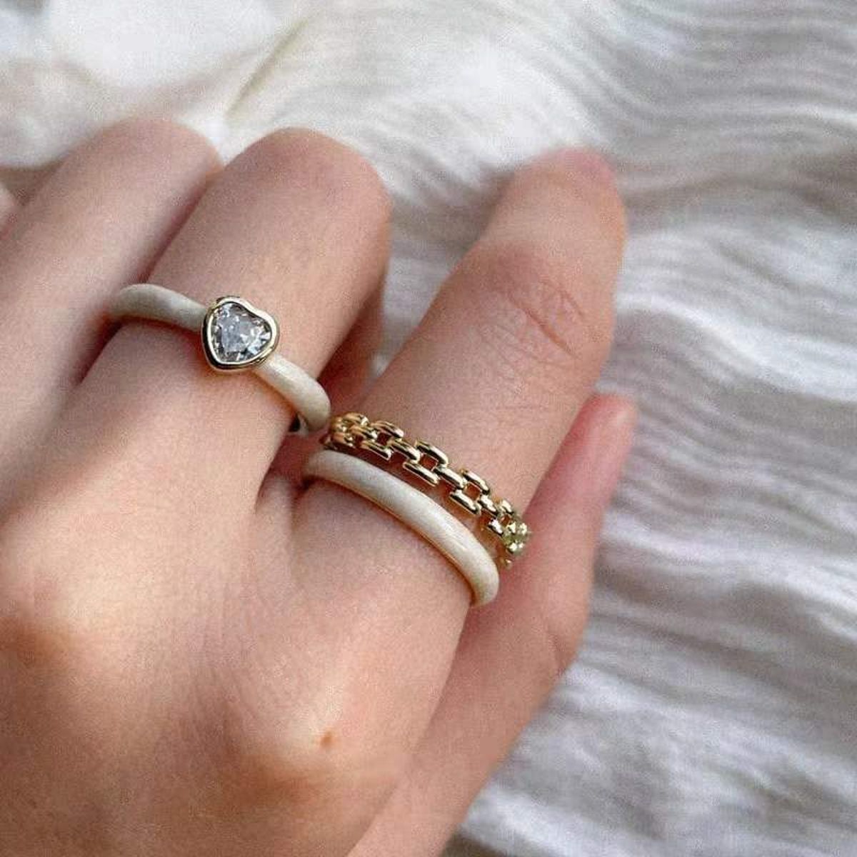 Dual Layer White Enamel Geometric Gold Anti Tarnish Ring Bulk