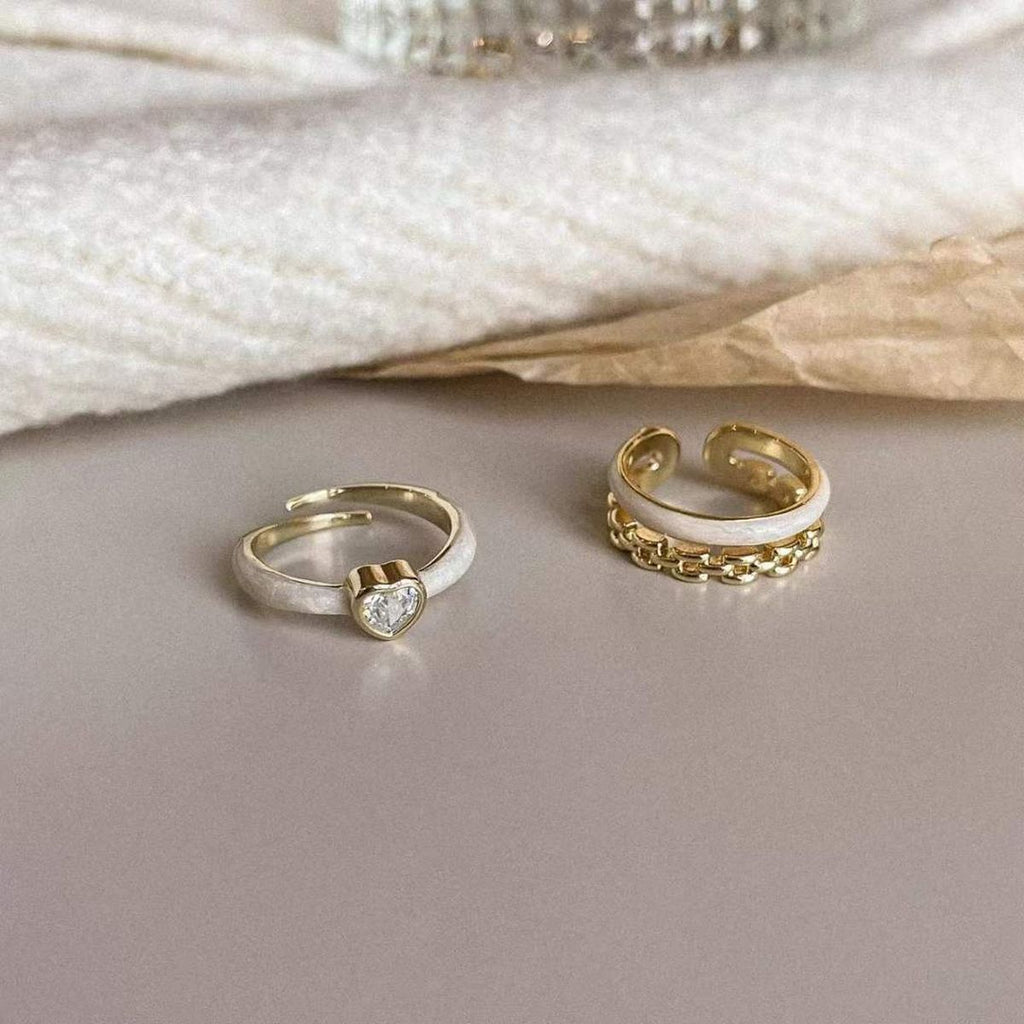 Dual Layer White Enamel Geometric Gold Anti Tarnish Ring Bulk