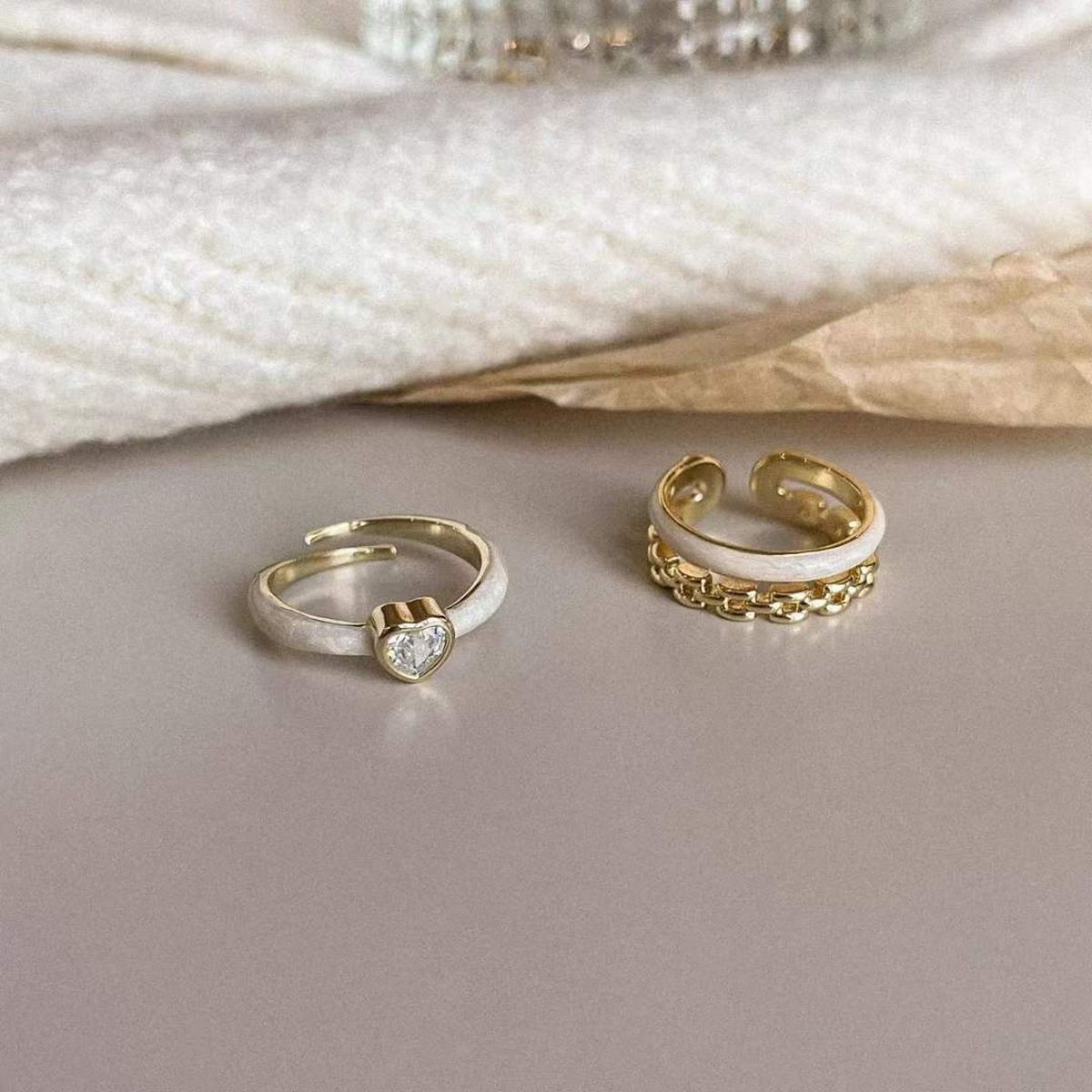 Dual Layer White Enamel Geometric Gold Anti Tarnish Ring Bulk