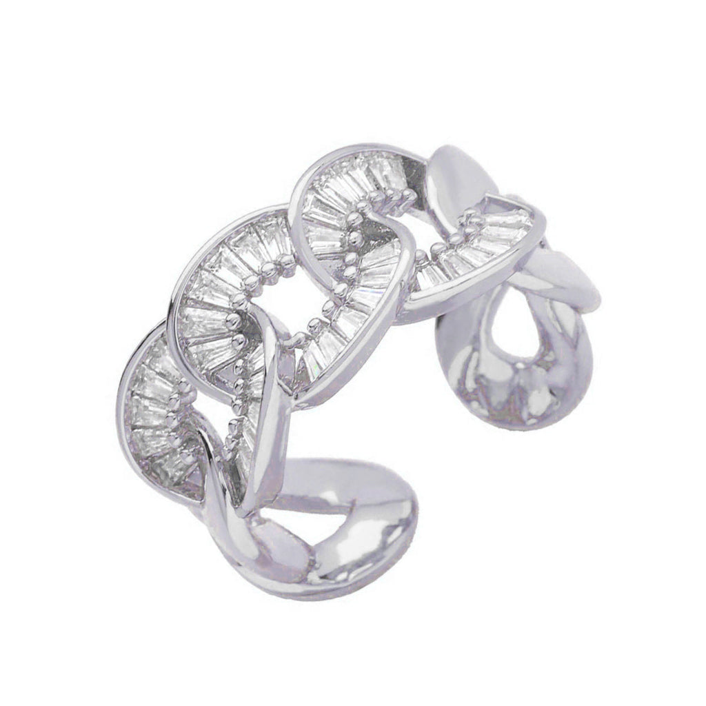 Curb Baguette Cubic Zirconia Silver Anti Tarnish Free Size Ring Bulk