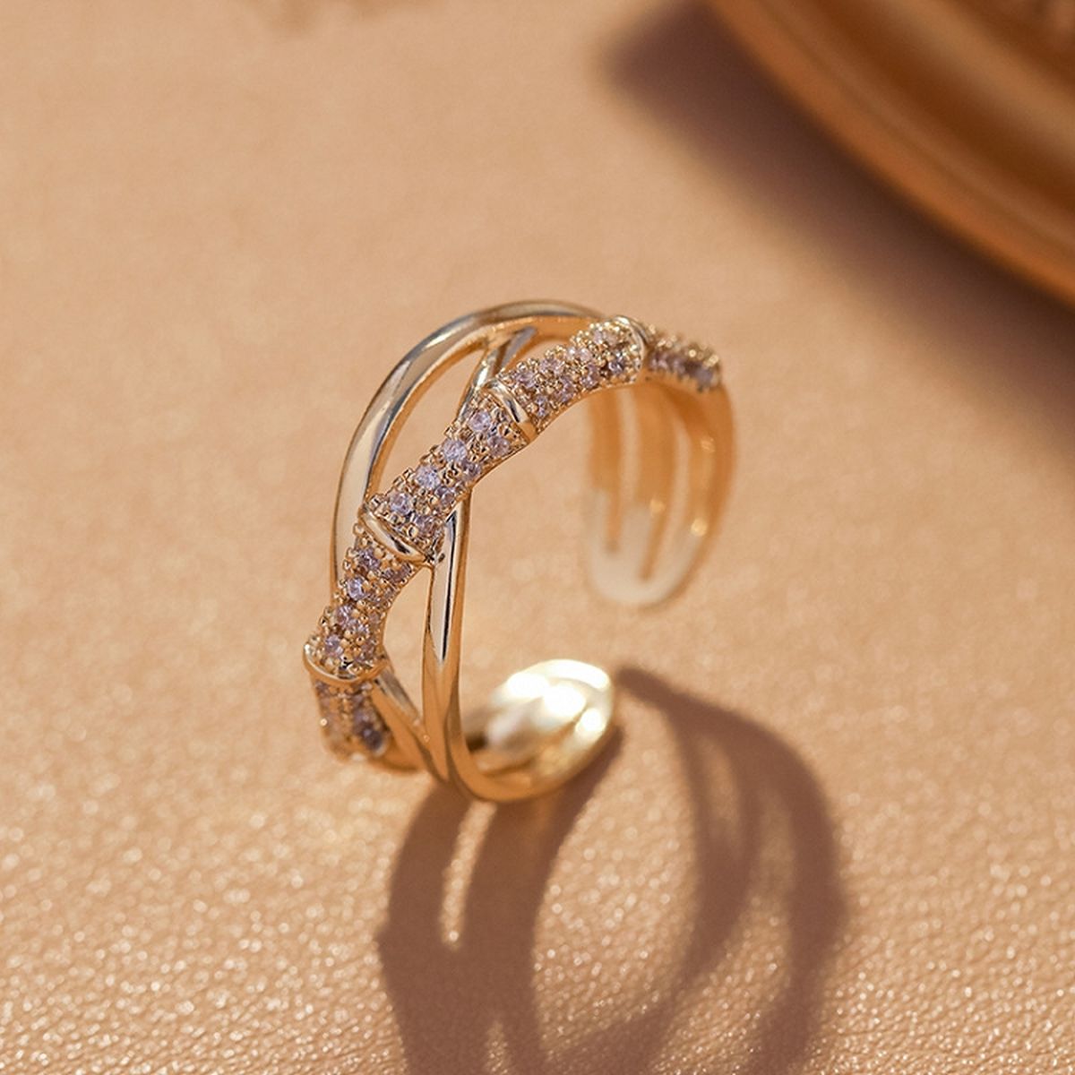 Cross Over Layered Bamboo CZ Gold Anti Tarnish Adjustable Ring Bulk Main image