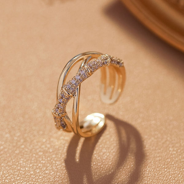 Cross Over Layered Bamboo CZ Gold Anti Tarnish Adjustable Ring Bulk Main image