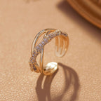 Cross Over Layered Bamboo CZ Gold Anti Tarnish Adjustable Ring Bulk