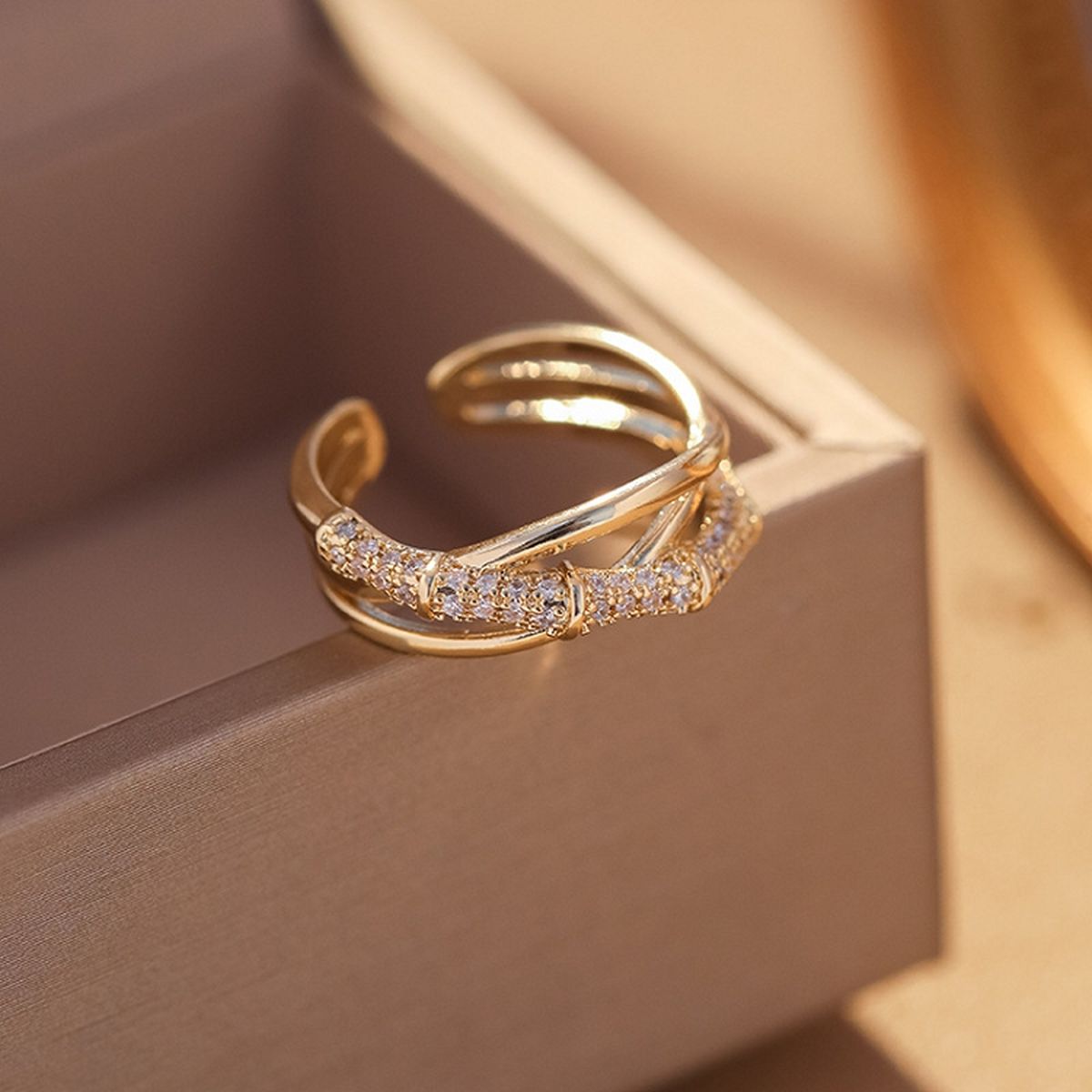 Cross Over Layered Bamboo CZ Gold Anti Tarnish Adjustable Ring Bulk Secondary image
