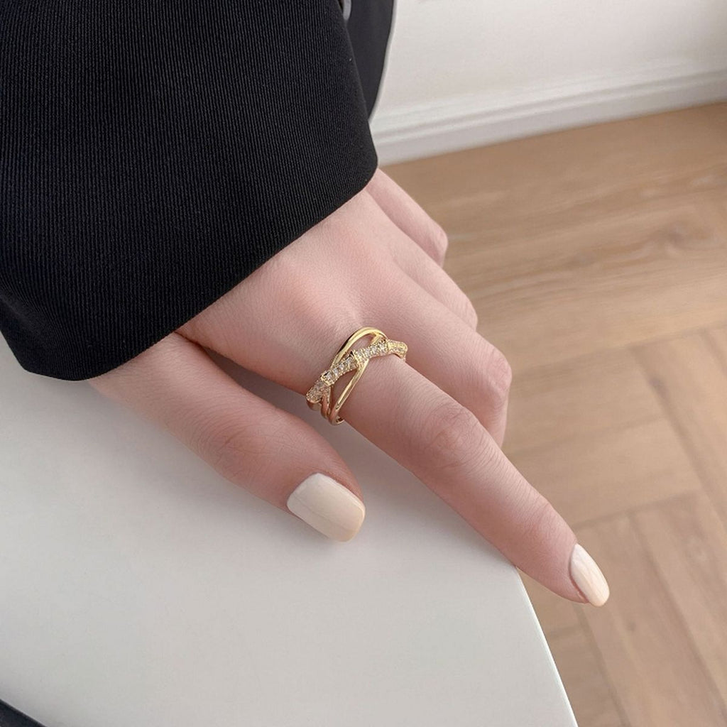 Cross Over Layered Bamboo CZ Gold Anti Tarnish Adjustable Ring Bulk