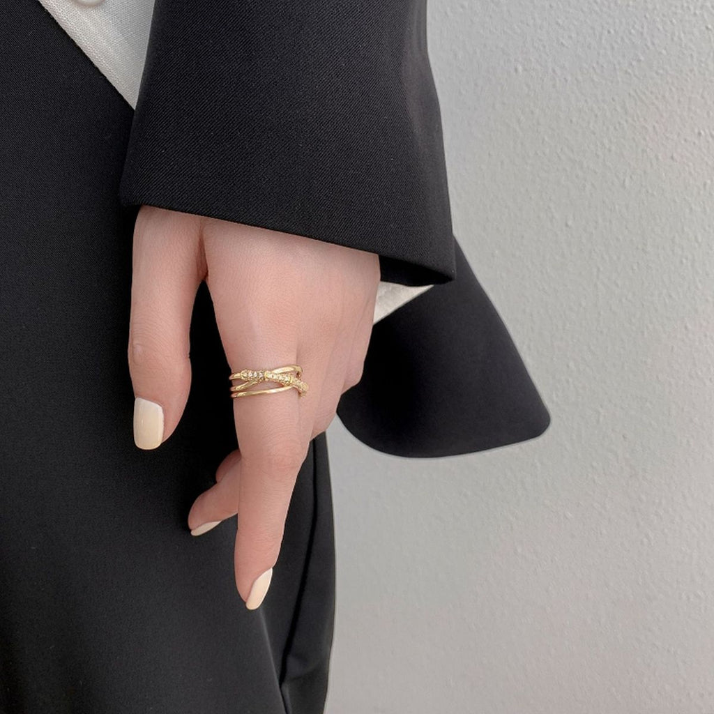 Cross Over Layered Bamboo CZ Gold Anti Tarnish Adjustable Ring Bulk