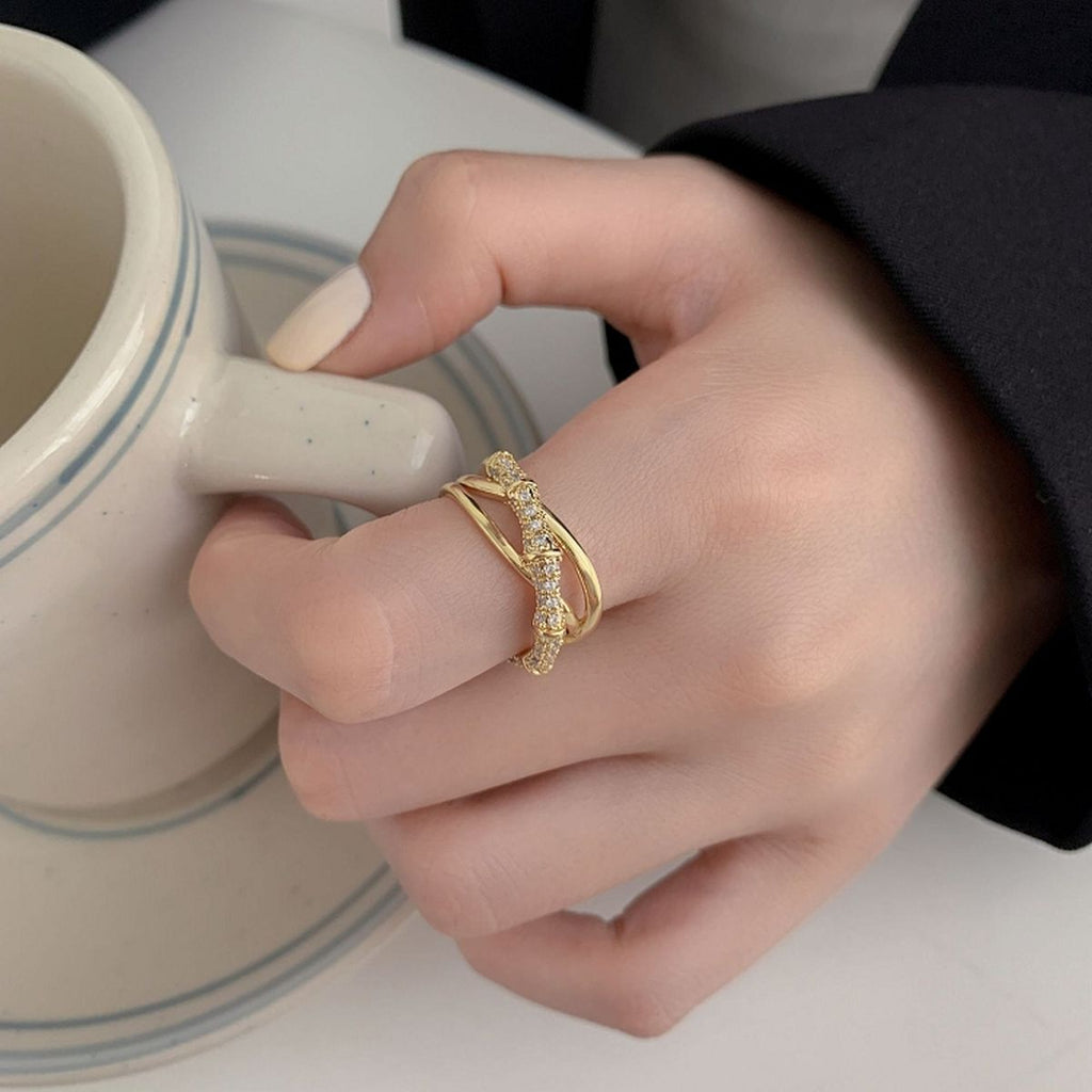 Cross Over Layered Bamboo CZ Gold Anti Tarnish Adjustable Ring Bulk