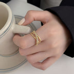 Cross Over Layered Bamboo CZ Gold Anti Tarnish Adjustable Ring Bulk