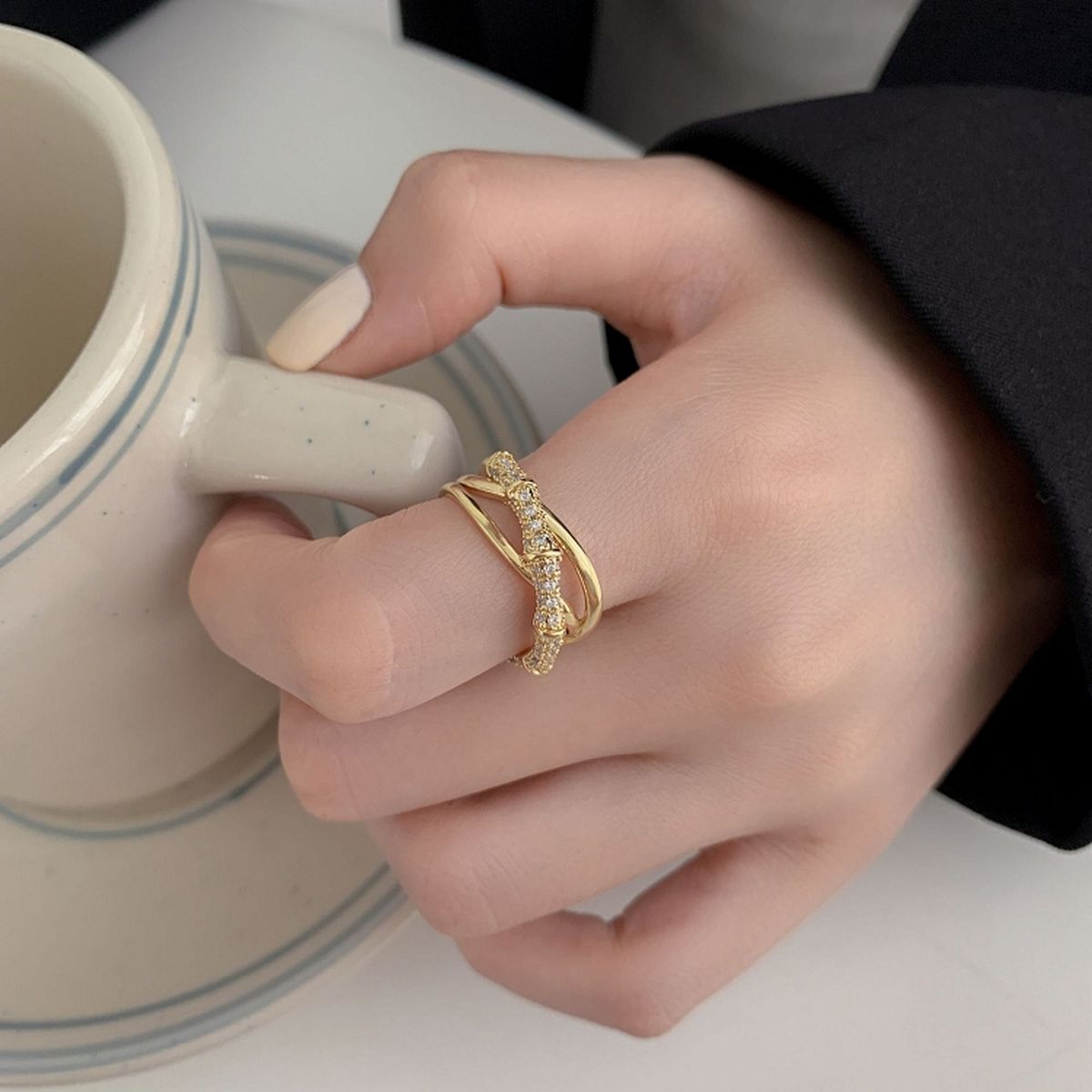 Cross Over Layered Bamboo CZ Gold Anti Tarnish Adjustable Ring Bulk