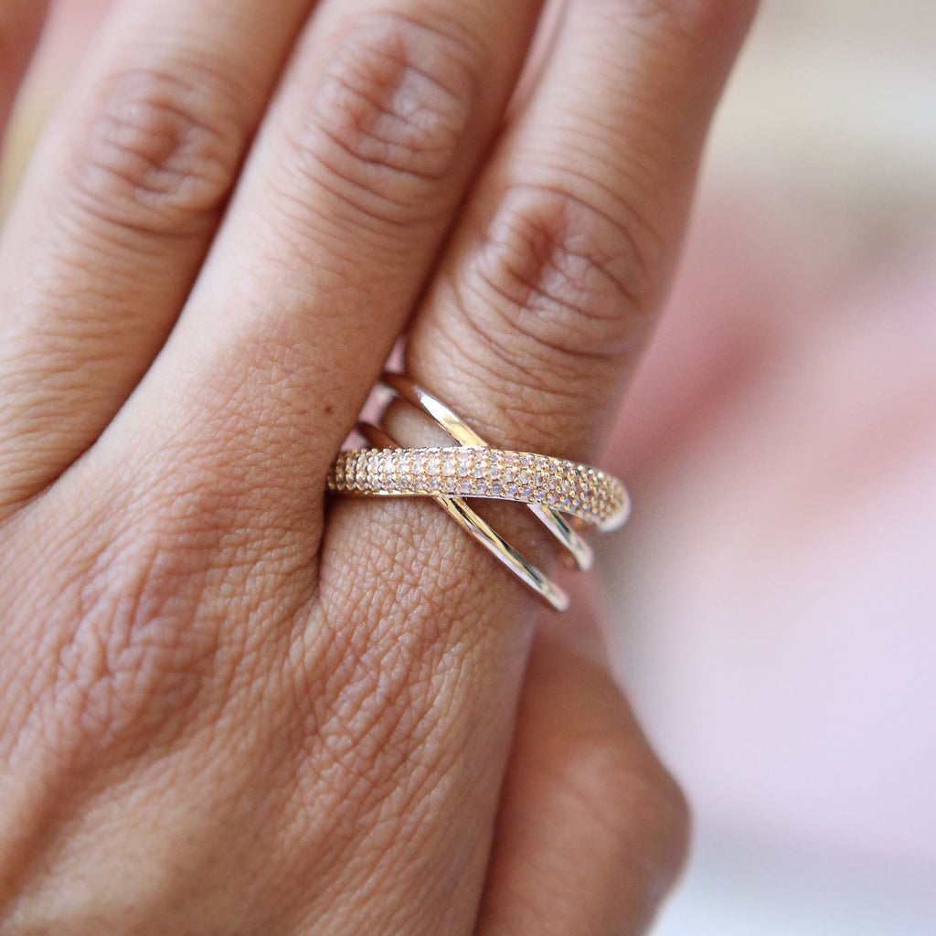 Cross Over Cubic Zirconia 18K Gold Anti Tarnish Adjustable Ring Bulk