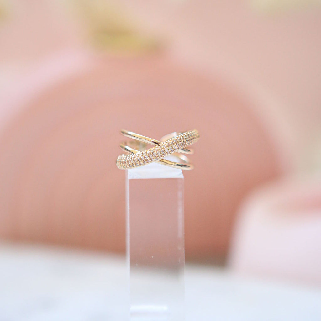 Cross Over Cubic Zirconia 18K Gold Anti Tarnish Adjustable Ring Bulk