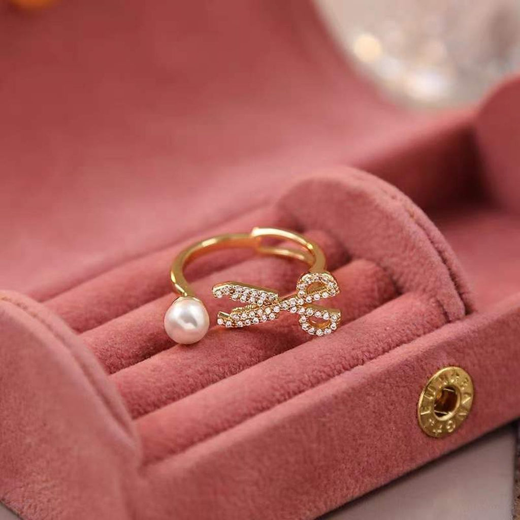 Scissor Pearl Cubic Zirconia 18K Gold Anti Tarnish Free Size Ring Bulk