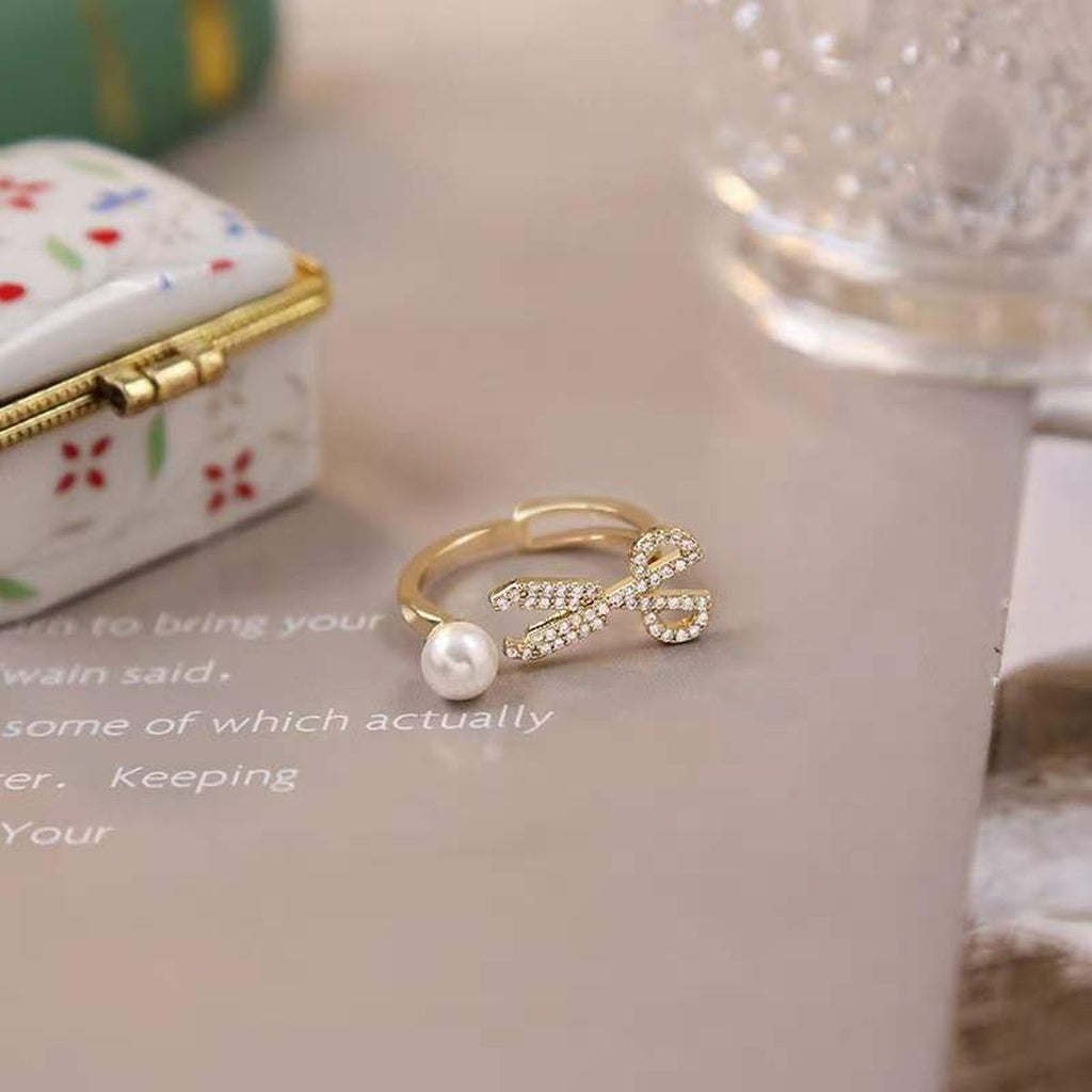 Scissor Pearl Cubic Zirconia 18K Gold Anti Tarnish Free Size Ring Bulk
