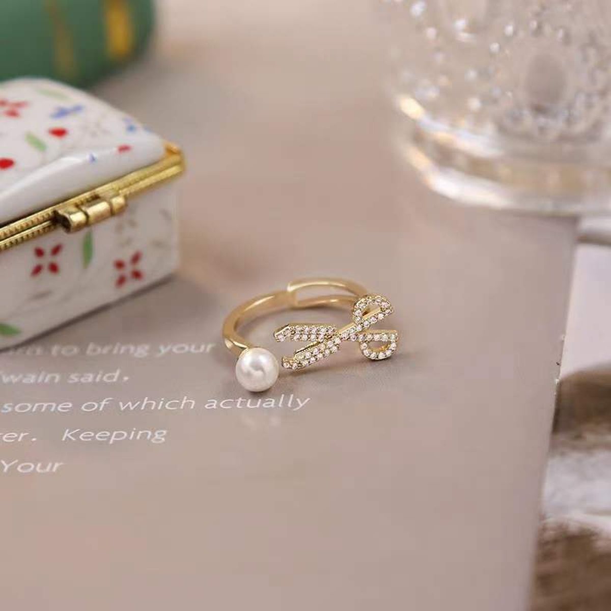 Scissor Pearl Cubic Zirconia 18K Gold Anti Tarnish Free Size Ring Bulk